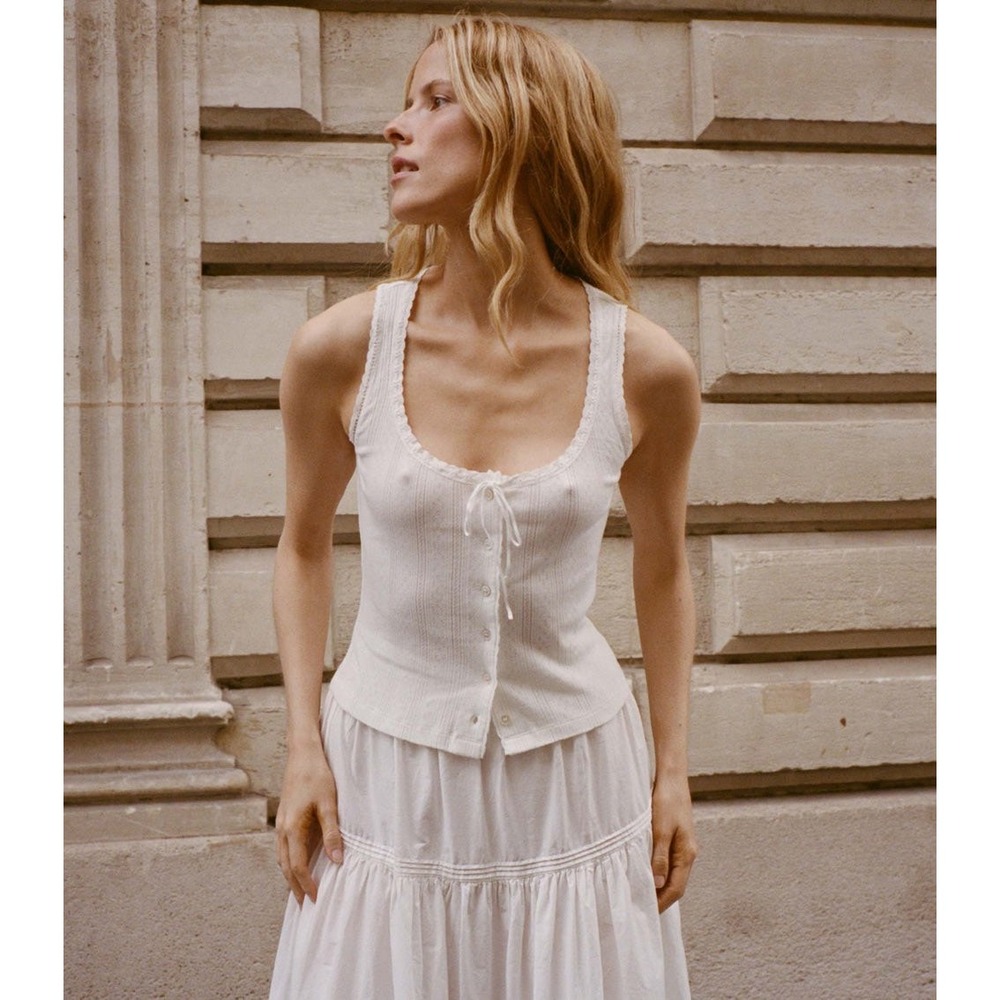 DOEN Lois Tank Women's XS White Pointelle Button Front Cottagecore Top